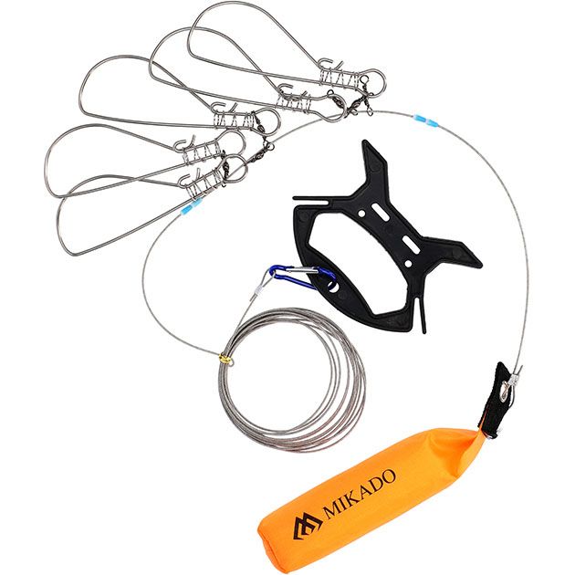 Кукан  рыболовный Mikado (5 застёжек 14 см, карабин, поплавок)