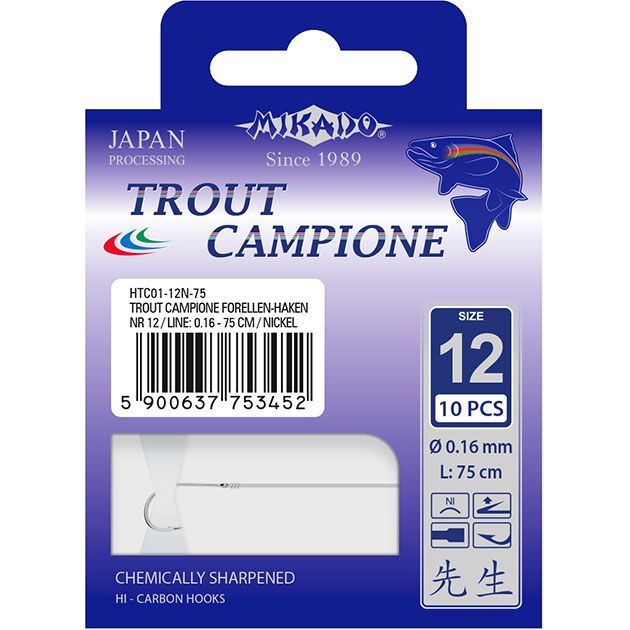 Крючки с поводками Mikado TROUT CAMPIONE № 6 NI / 0.22 мм. / 75 см. ( 10 шт.)