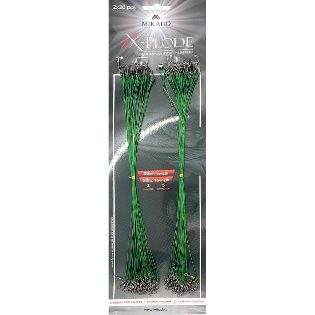 Поводок стальной Mikado X-Plode с застёжкой №2 и вертлюгом №5, 30 см.,10 кг. в зеленой оплётке 60 шт