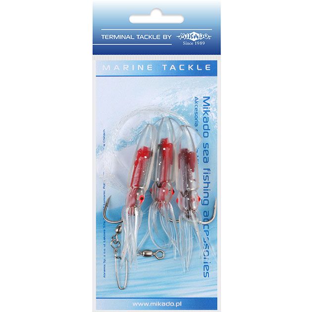 Морская оснастка Mikado SQUID RIG 7.5 см, (красно-прозрачный кольмар), крючок № 4/0 (3шт.)