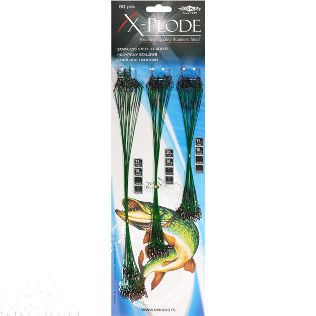 Поводок стальной Mikado X-Plode с вертлюжком и застёжкой 15/20/25 см., 10 кг., ZG11-006-60